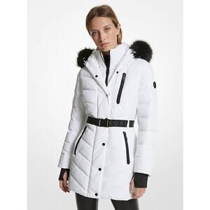 MICHAEL KORS Faux Fur Trim Quilted Puffer Coat - WHITE